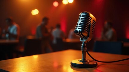 Retro Microphone on Table in a dimly lit venue with blurred background of people socializing