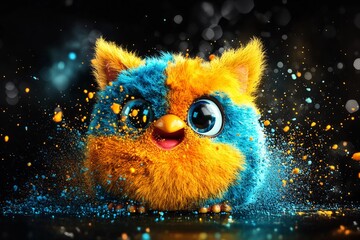 Brightly colored furry creature surrounded by vibrant splashes of paint in an imaginative setting at night