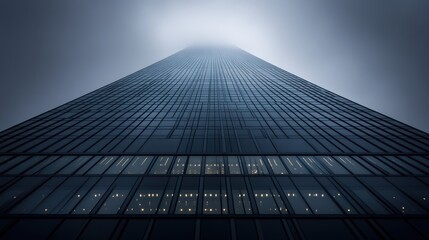 Fototapeta premium Towering Building Shrouded in Mist Under a Gray Sky at Dusk