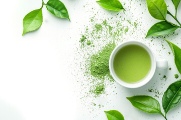 Top View of Hot Matcha Green Tea in Ceramic Cup with Powder and Fresh Leaves, Generative AI Illustration