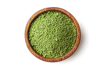 Top View of Fresh Green Tea Powder in wooden bowl on White Background, food and healthy concept, Generative AI Illustration
