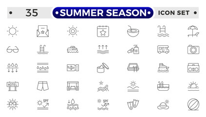 Summer season set of web icons in line style. Summer vacation icons for web and mobile app. Travel, beach, tourism, summer holidays, hotel, relax, beach, luggage, passport, sunglasses.