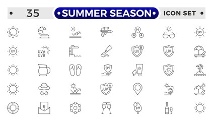 Summer season set of web icons in line style. Summer vacation icons for web and mobile app. Travel, beach, tourism, summer holidays, hotel, relax, beach, luggage, passport, sunglasses.