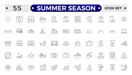 Summer season set of web icons in line style. Summer vacation icons for web and mobile app. Travel, beach, tourism, summer holidays, hotel, relax, beach, luggage, passport, sunglasses.
