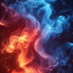 Abstract fire and ice blend. Blue and red smoke collide, sparks rise. Background art