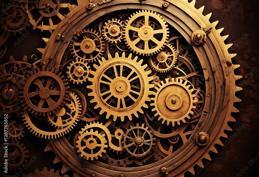Poster a complex arrangement of mechanical gears appears in the image