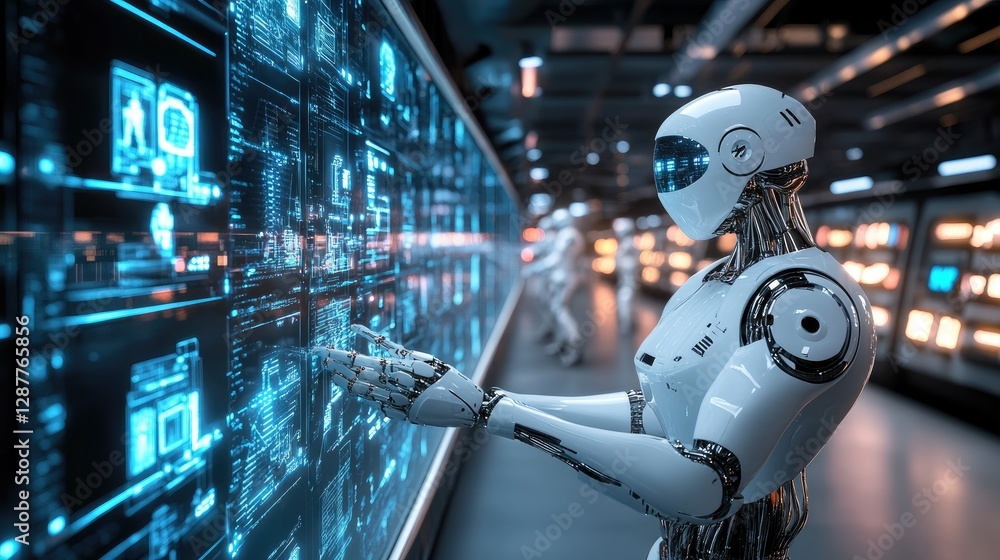 Poster futuristic robot interacting with digital data interface in laboratory