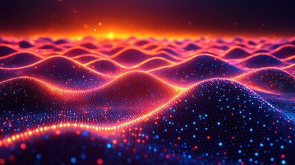 Obraz premium Abstract glowing waves, digital landscape, sunrise