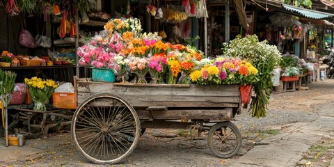 A rustic flower cart in an outdoor market