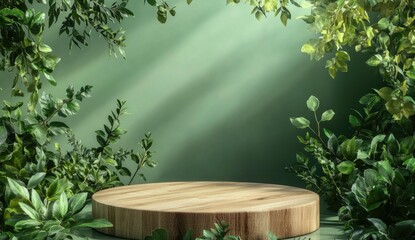 Empty wooden podium on a green background with leaves for product presentation, a mockup design element