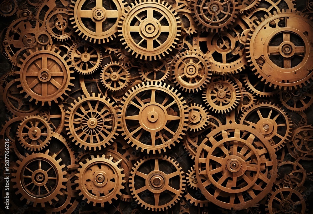 Poster a mechanical arrangement displaying many interlocking gears in detail