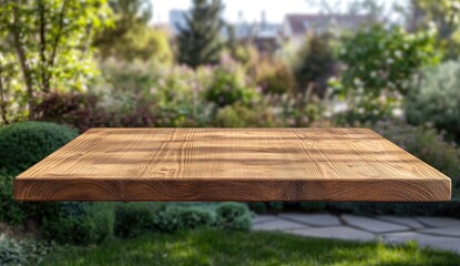 Naklejka premium Empty wooden table top with a blurred garden background for product display, presentation, or montage on a virtual space.