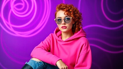 Hipster woman, curly redhead hairstyle, bold makeup, and a trendy outfit, posing confidently against a vibrant, neon-lit backdrop.