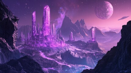 Obraz premium Surreal Fantasy Landscape with Crystalline Structures and Celestial Bodies