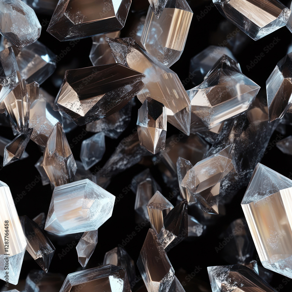 Poster crystal shards float upwards in a dark space, sparkling & mesmerizing, creating an ethereal scene