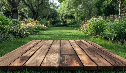 Fototapeta premium Empty wooden table top with a blurred garden background for product display, presentation, or montage on a virtual space.
