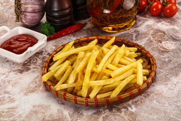 Golden French fries potato with sauce