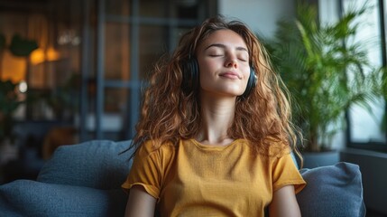 A calm young woman in casual attire, seated on a grey armchair in a sleek living room, listening to music through headphones with closed eyes, showcasing relaxation