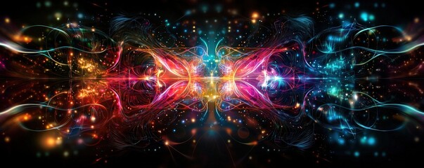 Obraz premium Abstract Background with Neon Organic Spectrum Effects Concept. Abstract Colorful Light Trails and Sparkles on Black Background