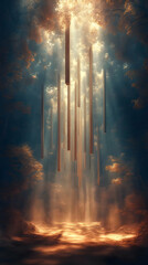 Mystical Forest Path With Golden Sunlight Beams
