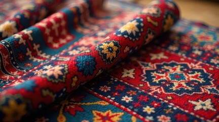 Fototapeta premium Intricate Textile Design A Close-Up View of Richly Colored Woven Fabric with Detailed Patterns and Textures