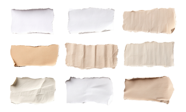 Set of torn beige and white paper pieces with crumpled texture, isolated on transparent cutout background
