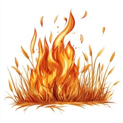 Fire in the dry grass, white background, vector illustration style, simple lines, cartoon style, high resolution