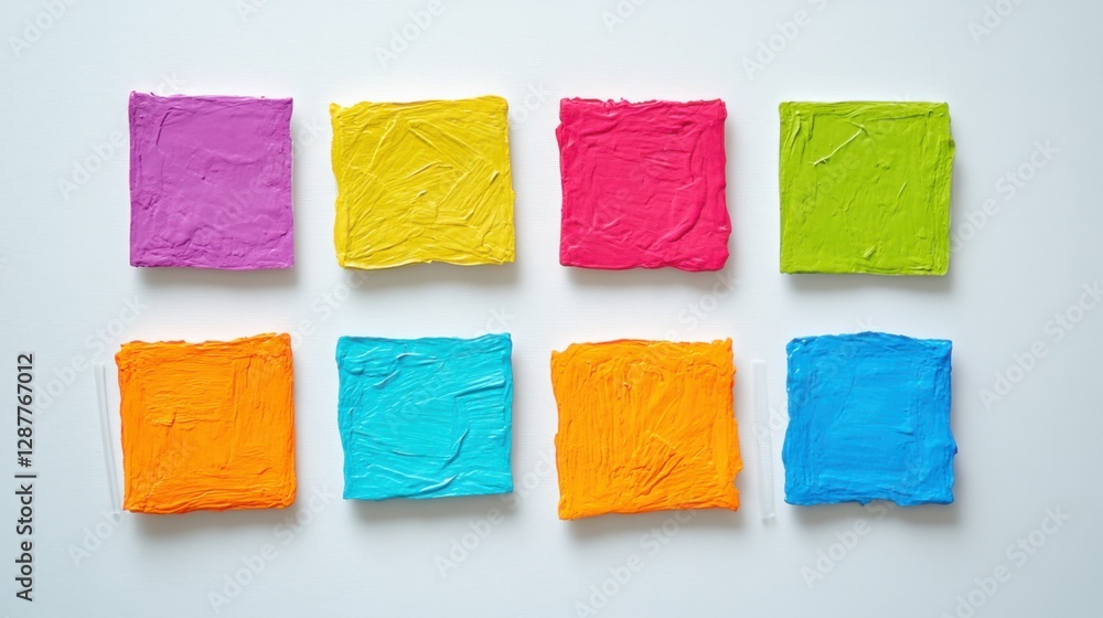 Poster colorful squares of paint arranged in a grid pattern on a white background for artistic expression