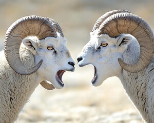 Two bighorn sheep facing each other, mouths open.