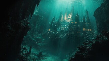 Mysterious Underwater City with Ethereal Light and Dark Shadows