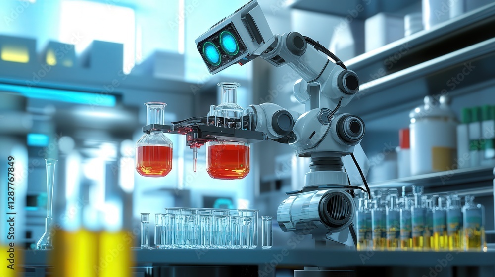 Poster robot used for complex research in laboratories, handling dangerous substances and conducting experi