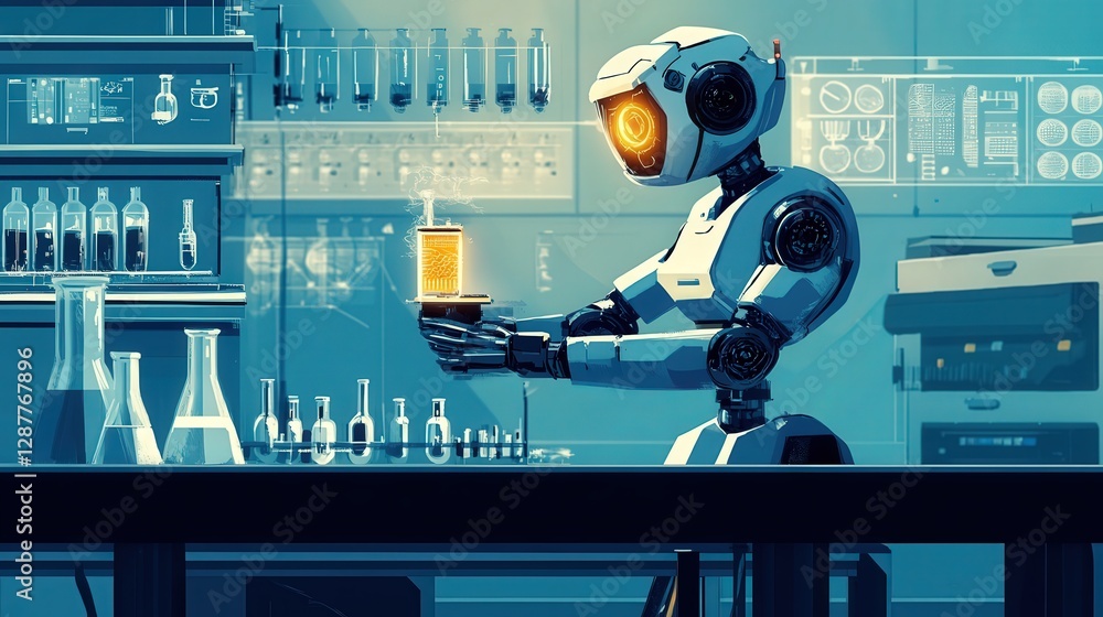 Poster robot used for complex research in laboratories, handling dangerous substances and conducting experi