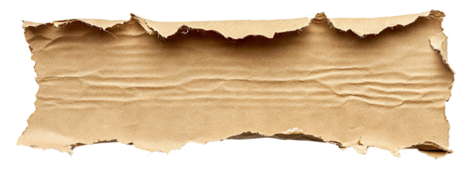Torn piece of brown kraft paper with rough edges, isolated on transparent cutout background
