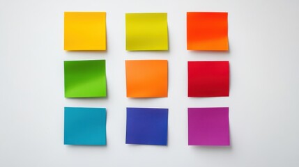 Colorful arrangement of sticky notes on a white surface for creative brainstorming in an office setting