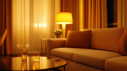 Cozy living room illuminated by warm lighting, featuring a sofa and drinks on a table