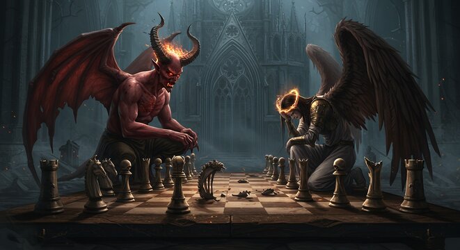Angel and demon engage in a high stakes chess game