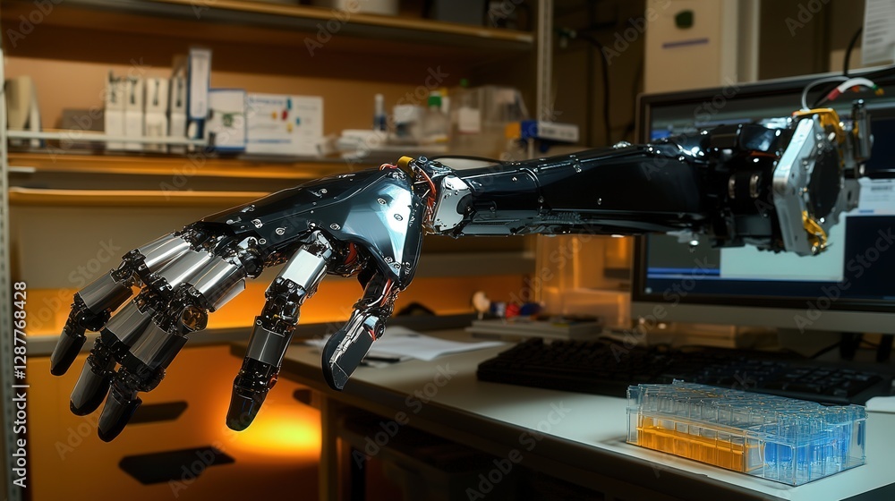 Poster robotic arm for lab-based research. explain its function in performing precise, repetitive tasks in 