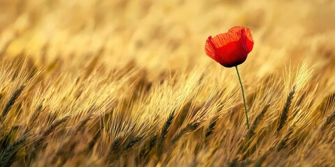 A single bright red poppy standing in a golden wheat field