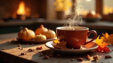 Warm Autumnal Beverage with Seasonal Gourds and Dried Leaves on Rustic Wooden Surface