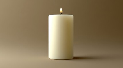 Off White Pillar Candle Lit Against a Brown Background