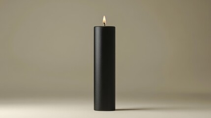 Lit Black Cylinder Candle on Neutral Background