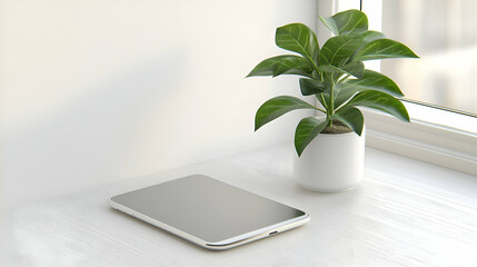 Silver Tablet and Green Plant on White Table