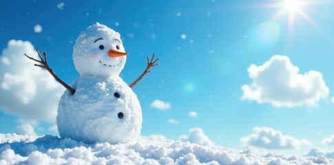 A blue sky with fluffy white clouds above a snowman, sunshine, clear, snowman
