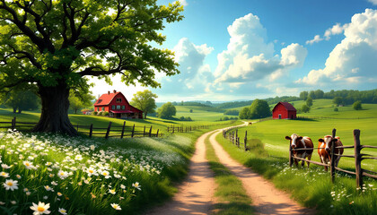 Scenic Countryside Farmhouse with Red Barn and Winding Path