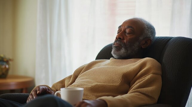 Senior living man enjoying a peaceful moment in his favorite armchair. Featuring contentment and relaxation