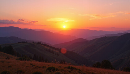 Fototapeta premium A picturesque sunrise over rolling hills with mist in the valleys captures the peaceful transition into the Spring Equinox and the balance of nature.