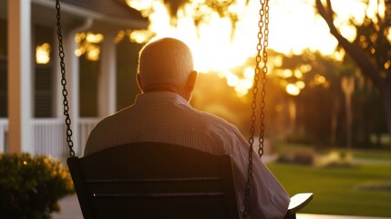 Senior living man enjoying a peaceful moment on his porch swing. Featuring relaxation and solitude