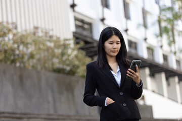 Future remote work combines technology smart phone digital business woman enable e-learning...