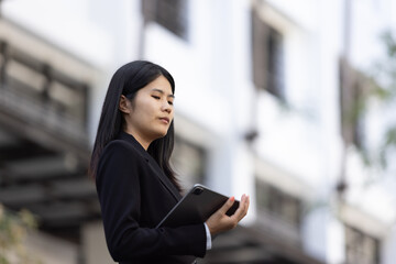 Future remote work combines technology smart phone digital business woman enable e-learning...
