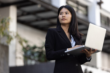 Future remote work combines technology smart phone digital business woman enable e-learning...